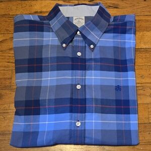 Brooks Brothers Mens XL Regent Fit Stretch Original Polo Blue Plaid Long Sleeve